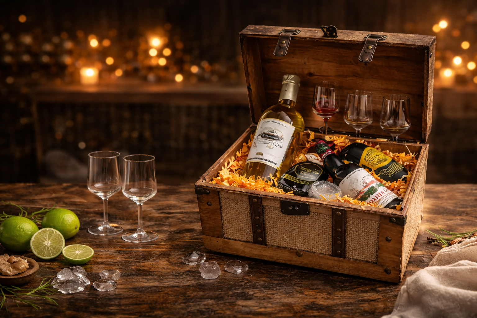 Coffre au trésor et liqueurs raffinées