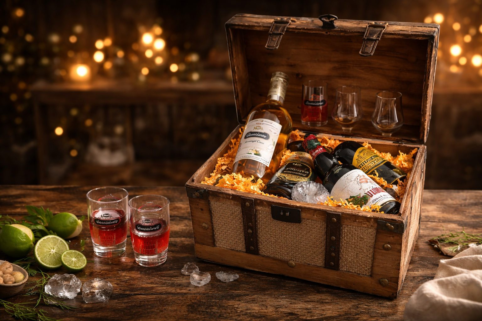 Coffre au trésor et spiritueux raffinés