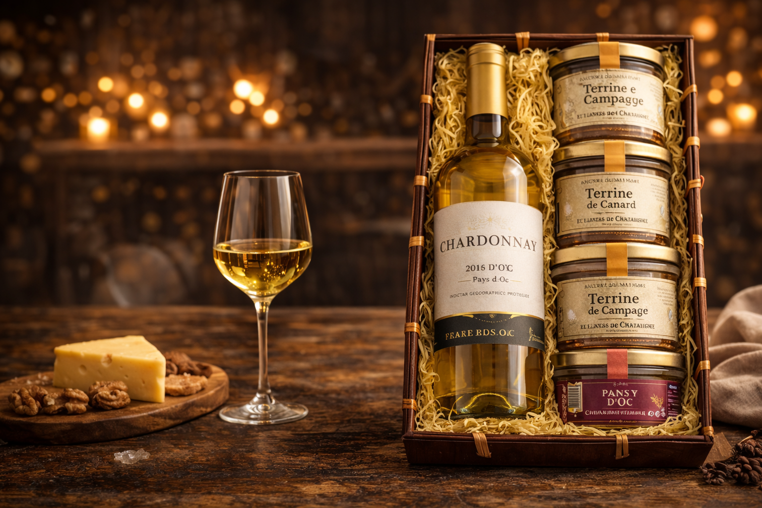 Panier gourmand avec Chardonnay et terrines