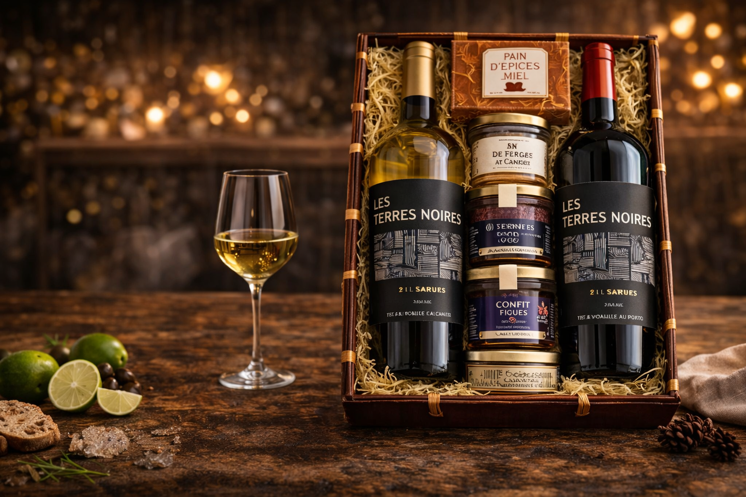 Panier gourmet avec vins et délices